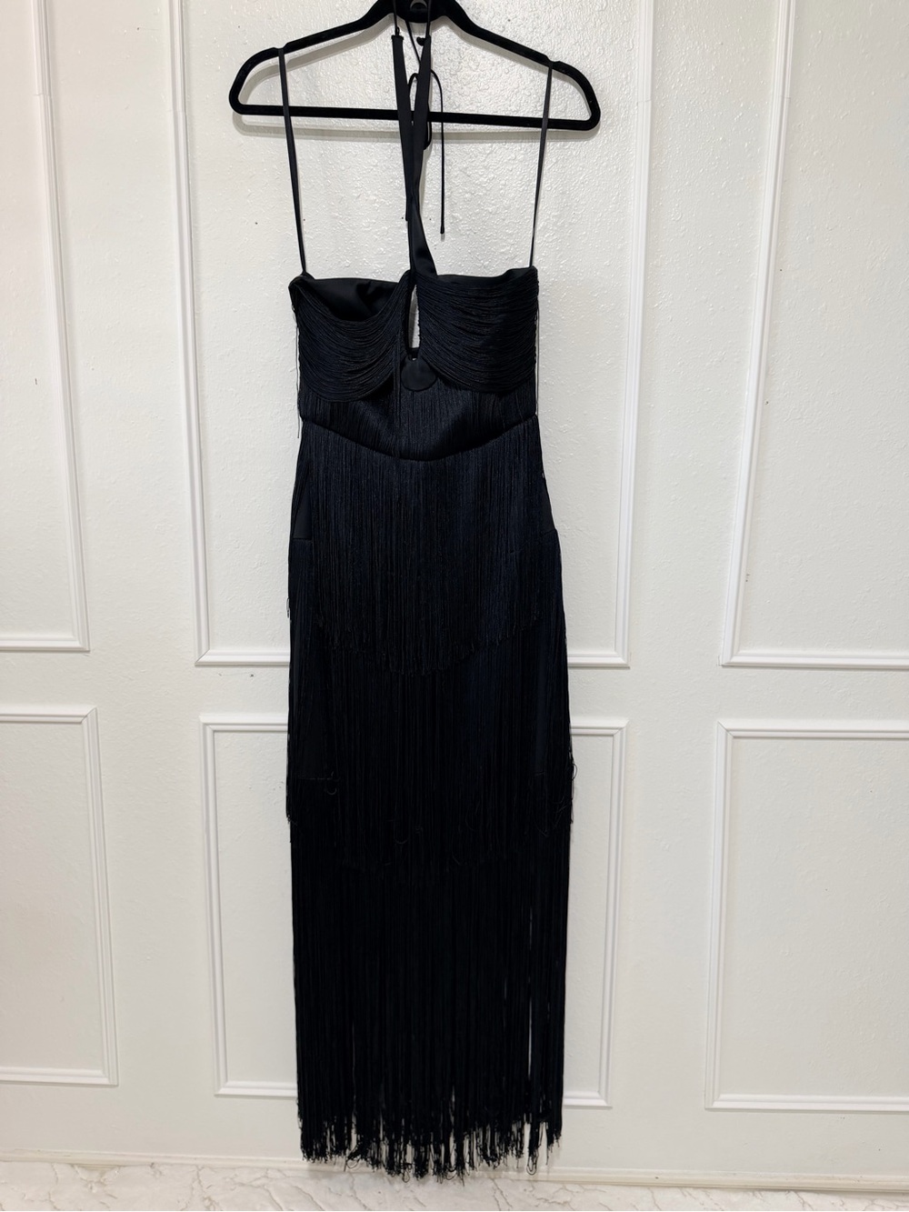 ANTONIO MELANI Black Fringe Halter Maxi Dress with Sculpted Bodice